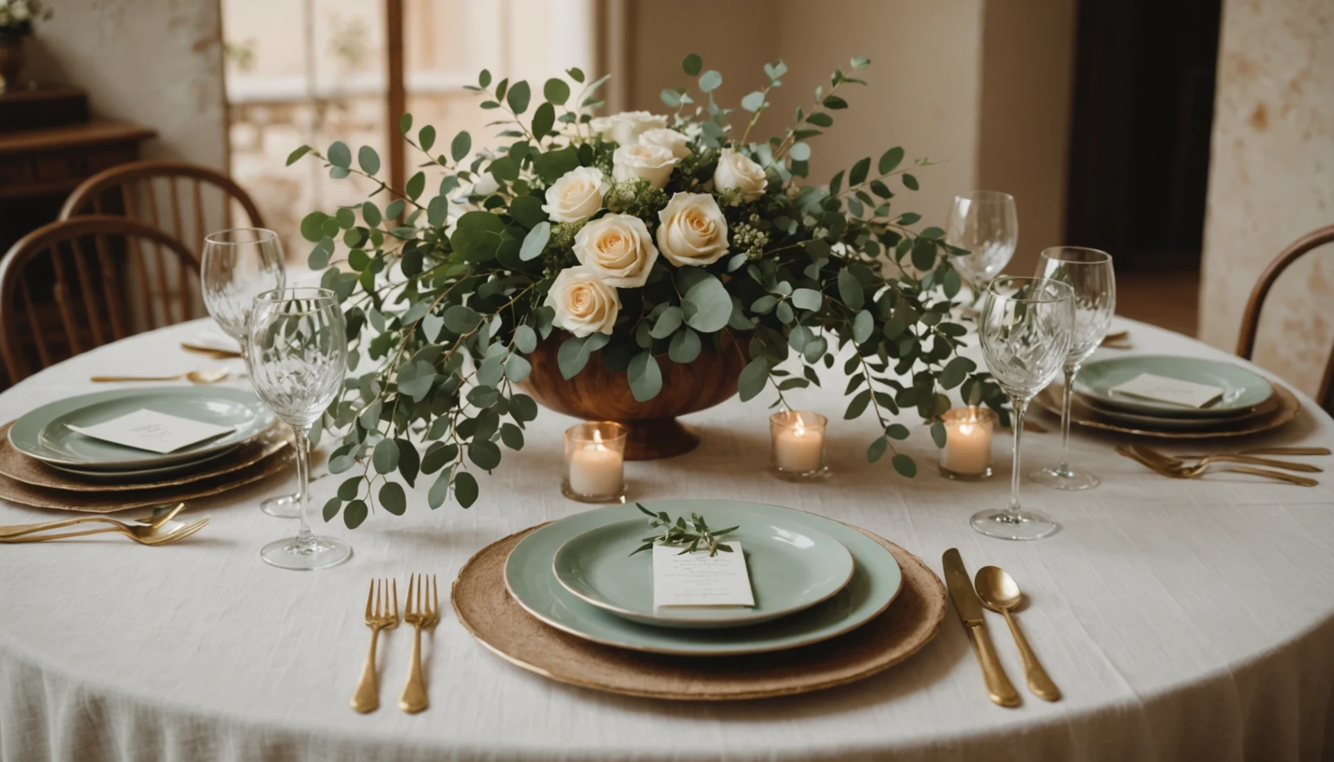 décoration de table de mariage vintage avec eucalyptus