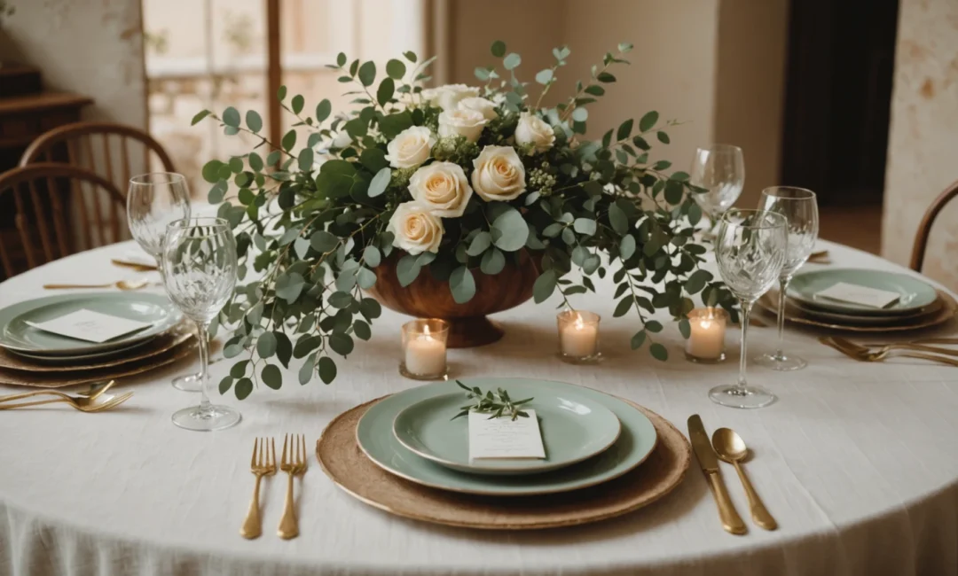 décoration de table de mariage vintage avec eucalyptus